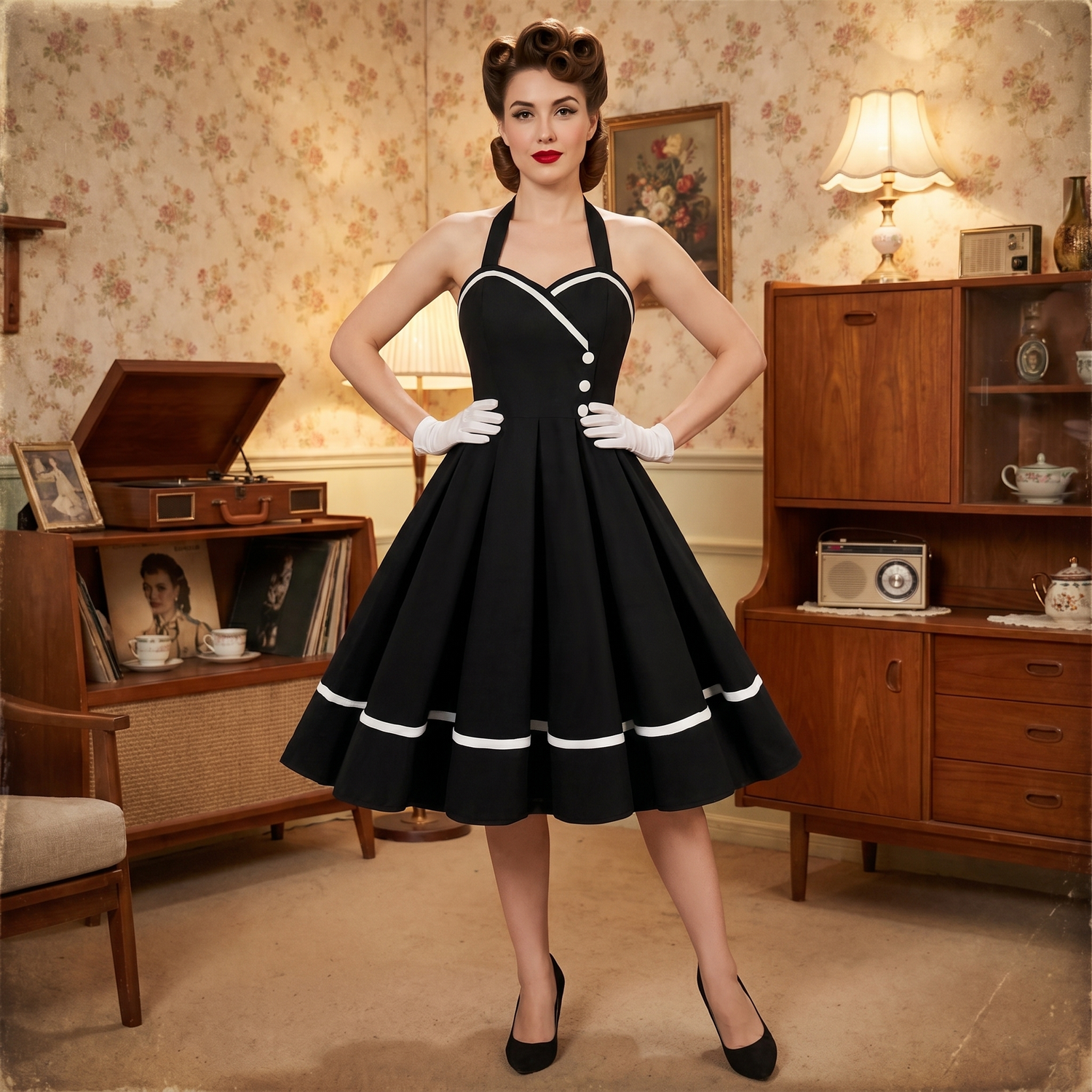 Robe Pin Up Vintage en Col V des Années 50