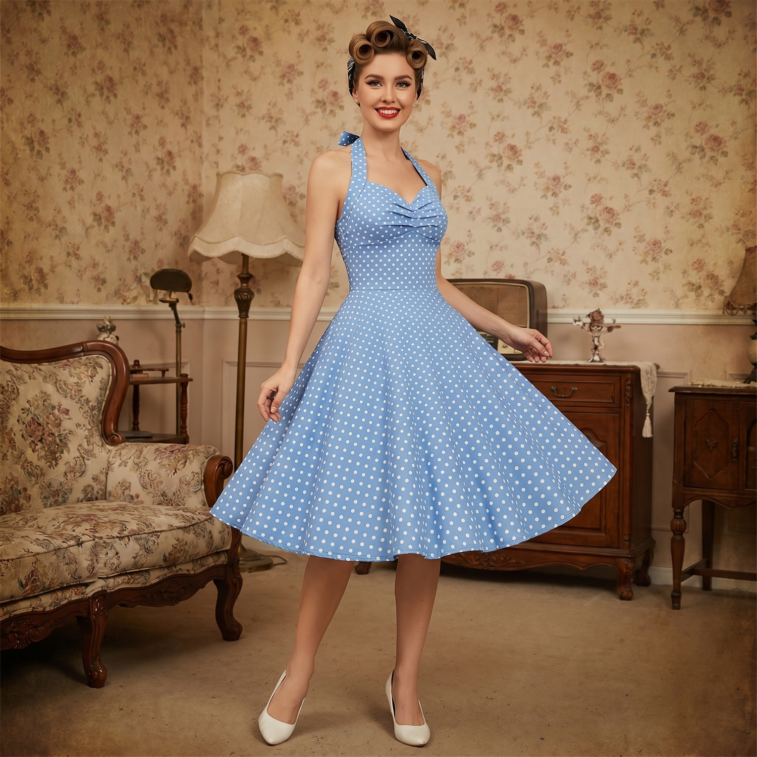 Robe Rétro Dos Nu à Pois pour Femme