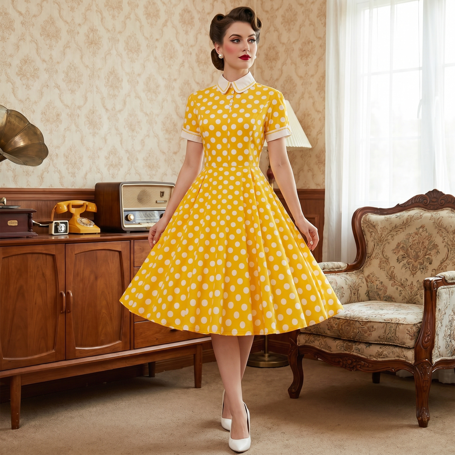 Robe Stylée Vintage à Pois Jaunes