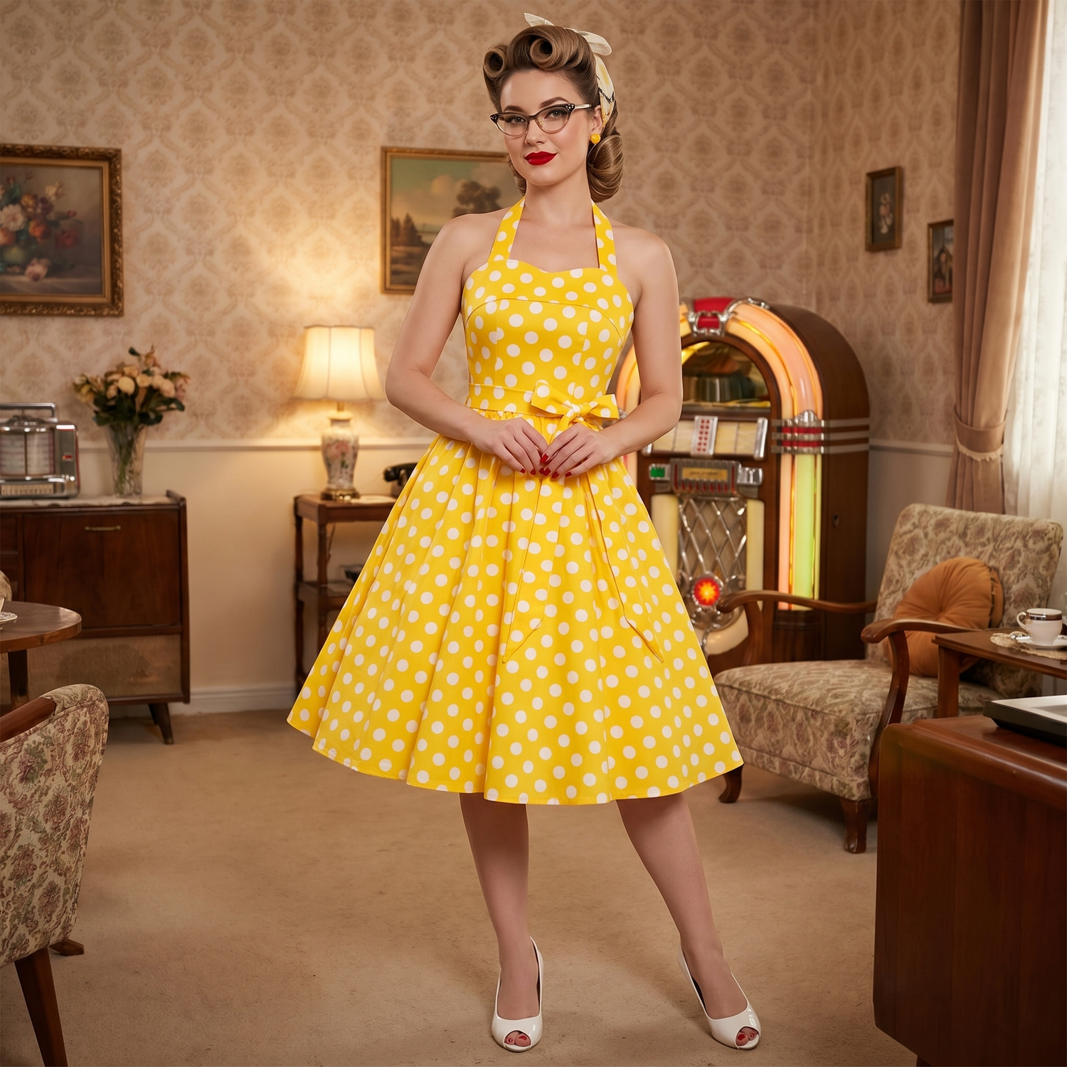Robe Vintage à Pois Jaune Pin Up
