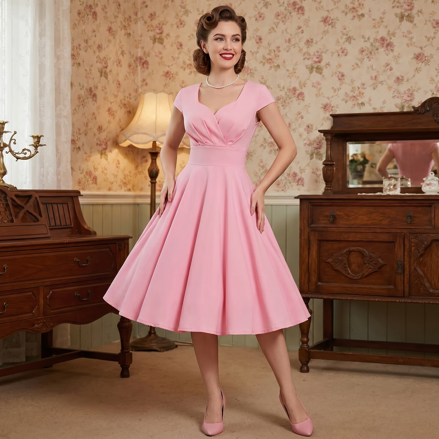 Robe Vintage Rose Décolleté Croisé