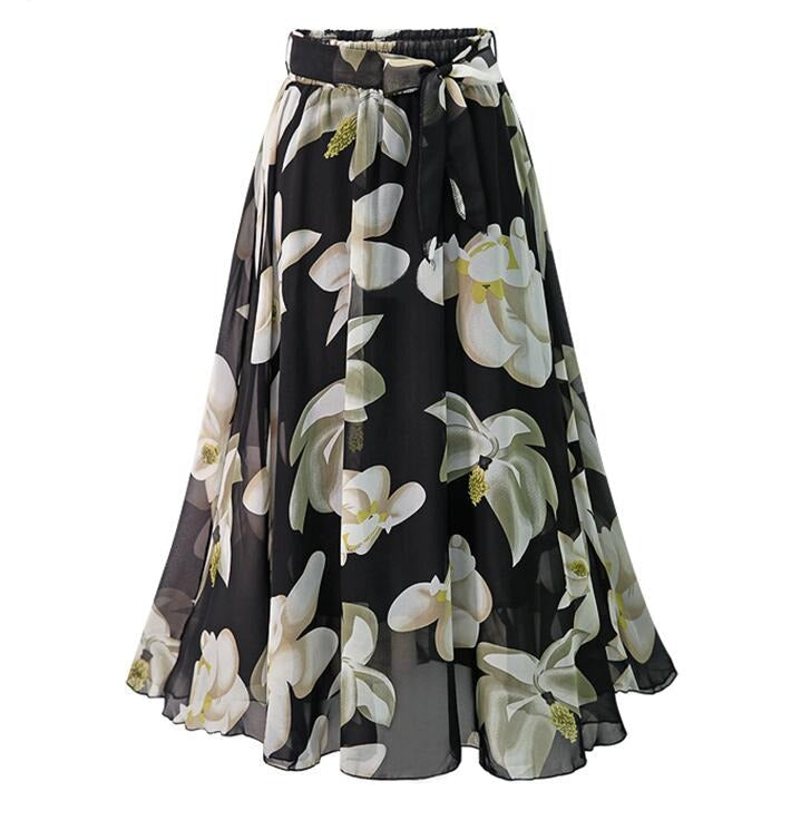 Vintage Black Floral Midi Skirt with Belt 