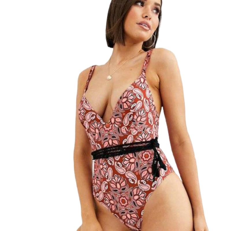 Stylish Vintage Red Patterned Swimsuit