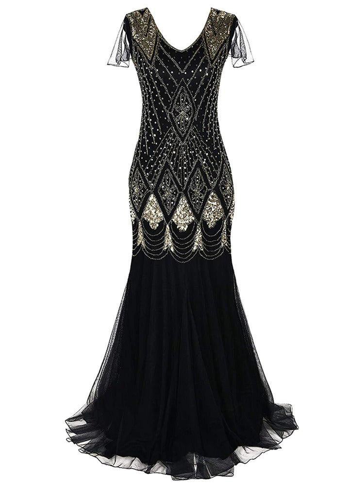 Haute Couture Black and Gold Long Gatsby Dress