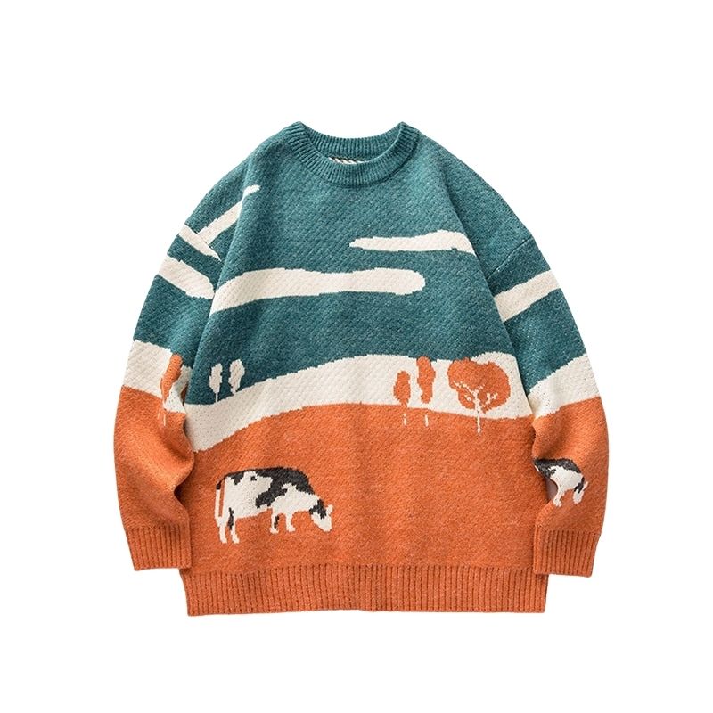 Vintage Oversized Sweater with Country Pattern