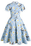 1950s Summer Blue Printed Dress