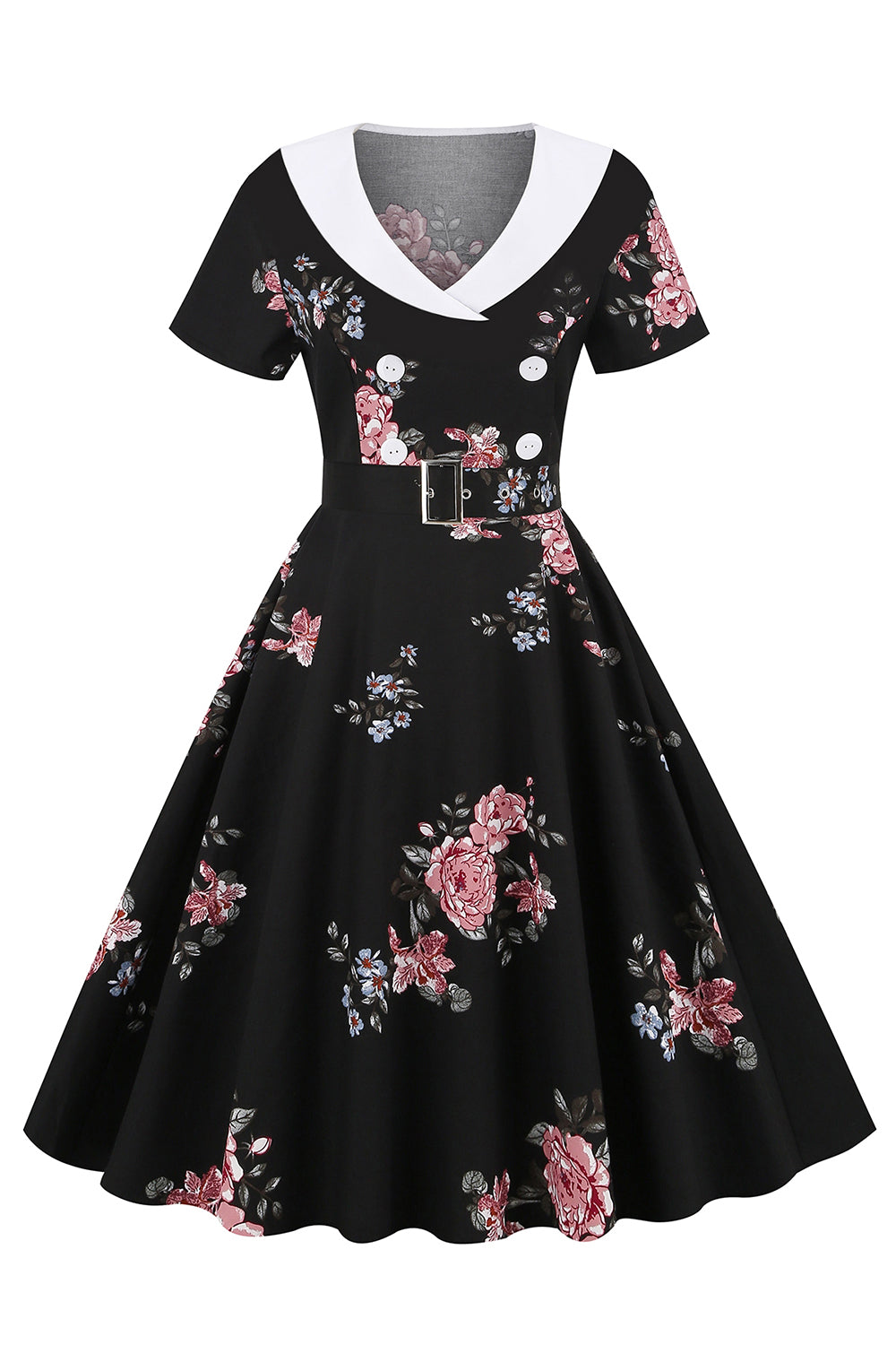 Black Floral Print Vintage Dress With Belt